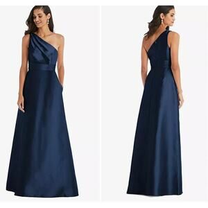 NWT Alfred Sung Draped One Shoulder Satin Maxi Dress Formal Midnight Navy Size 2